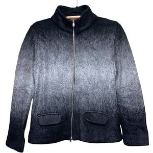 Marc Cain Knit Mohair Wool Cardigan Jacket Black Gray Fuzzy Fur Full Zip Sz 8